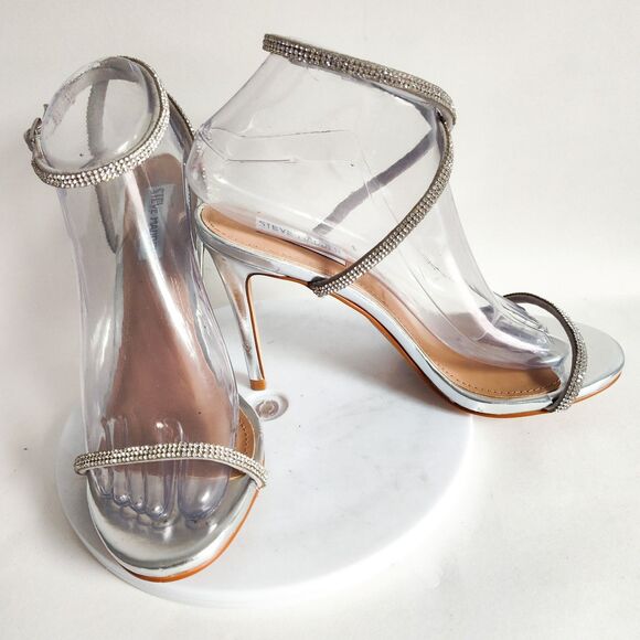 Steve Madden 8.5 Pumps Strappy Rhinestones Formal Dressy Silver Open Toe Heels - Picture 6 of 9